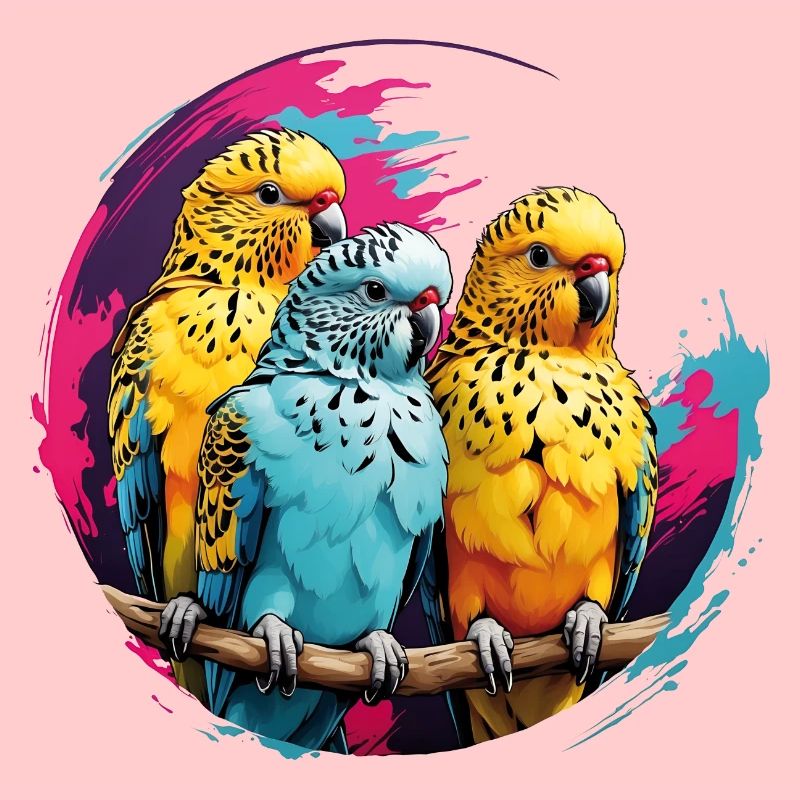 Three budgies on color wheel
