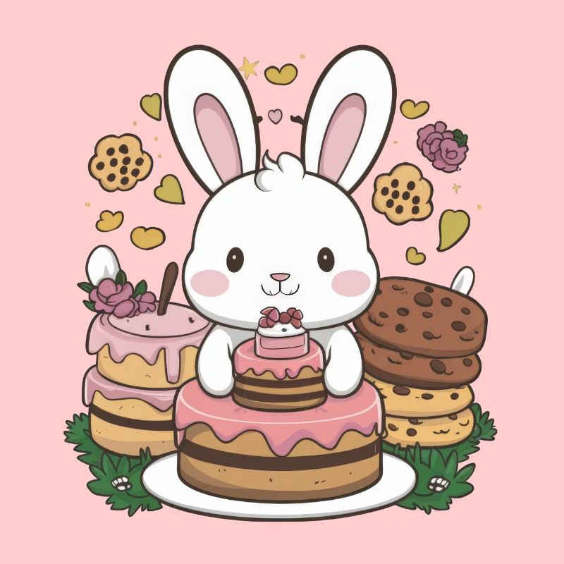 Dessin animé lapin kawaii avec des biscuits et un gâteau