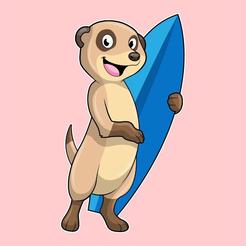 Erdmännchen als Surfer mit Surfbrett