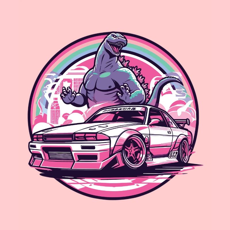Auto im japanischen Stil hinter Monster und Regenbogen, JDM