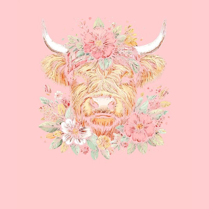 Vache écossaise Highland avec des fleurs