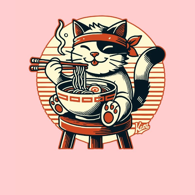 Manger des ramen, chat heureux