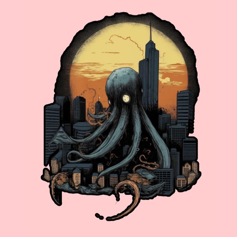 Giant Octopus Squid atacking the city on a sunset