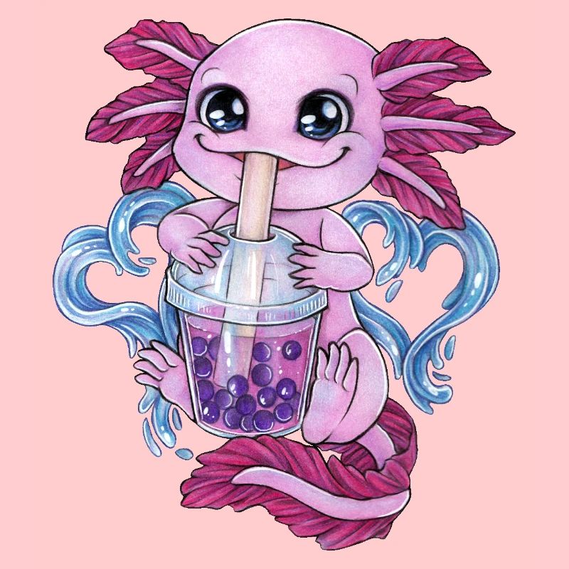 Lustiges Axolotl Salamander mit Bubble Tea trinken
