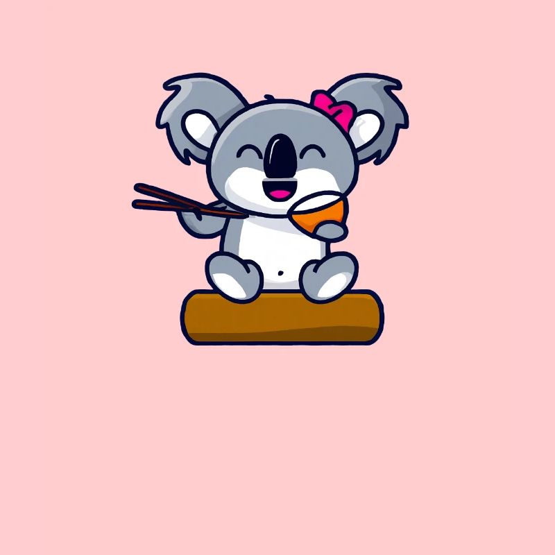 süßer Koala Bär Mädchen isst Nudeln mit Stäbchen