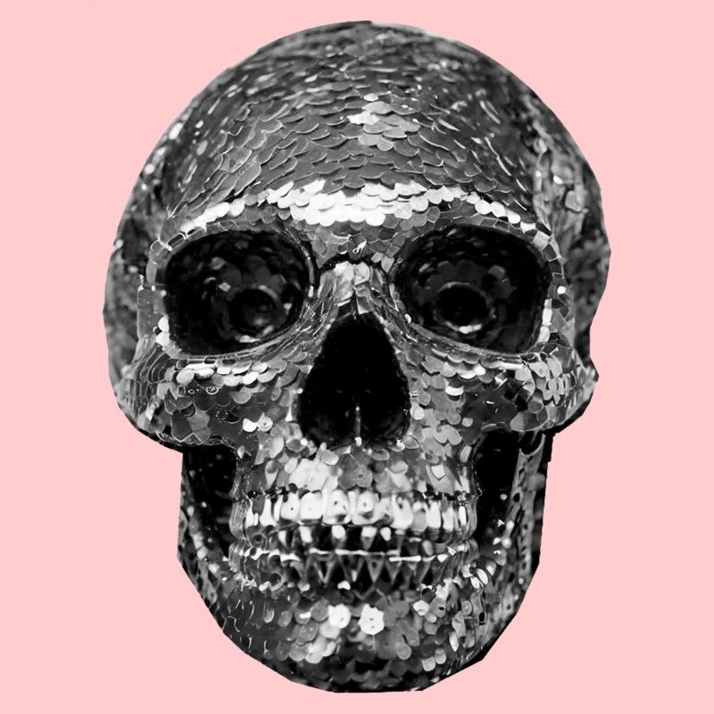 Skull, metallic, sequins, rivets, silver