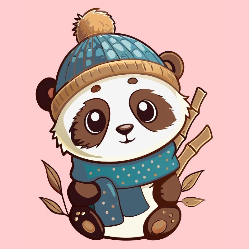 Panda mignon avec écharpe et chapeau à pompon.