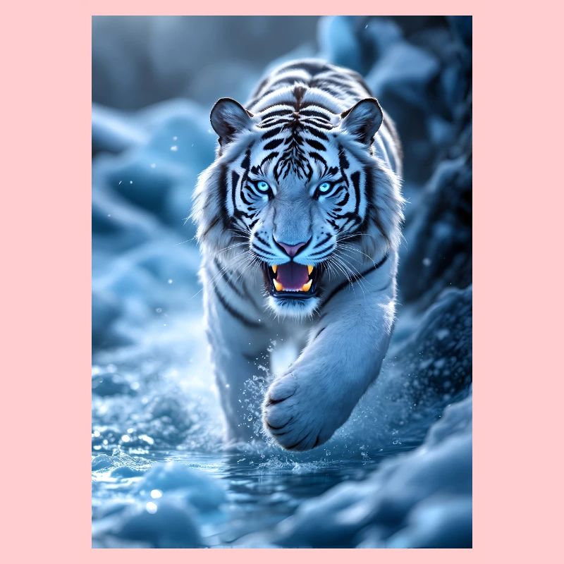 Weisser Tiger läuft durch Bachlauf