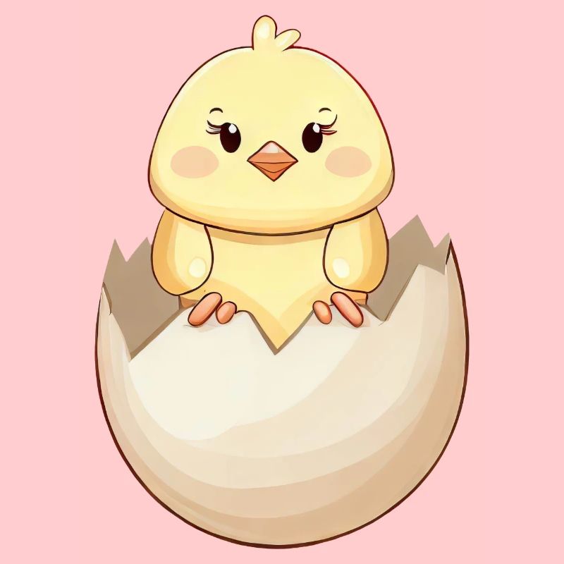 Cute kawaii chick, hatching from eggshell