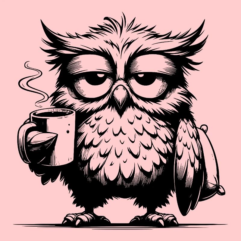Lustige müde Comic Eule mit Kaffee Defizit