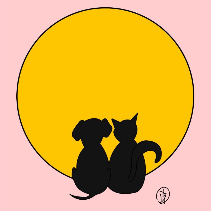Chat et chien devant la lune
