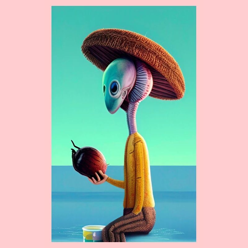 Crazy Comic Alien on a beach with a space coconut
