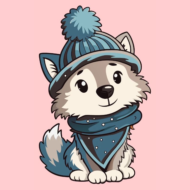 Loup mignon avec écharpe et chapeau à pompon.