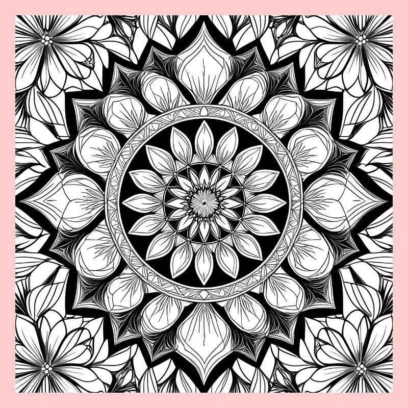 Floral Pattern Mandala Black White