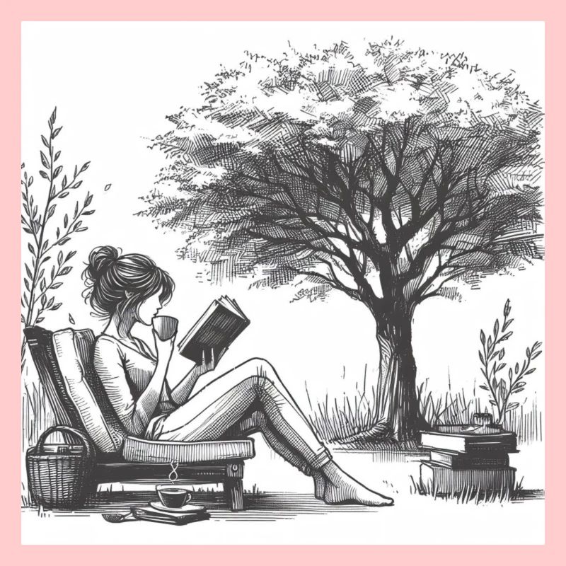 Frau trinkt Kaffee und liest ein Buch