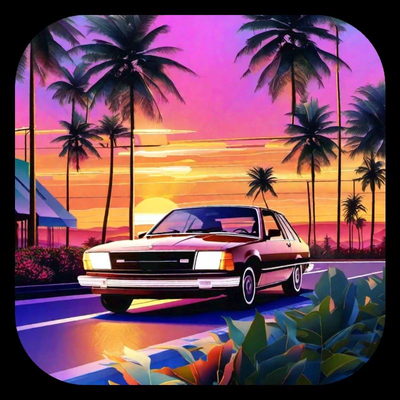 Cool car with palm trees in sunset