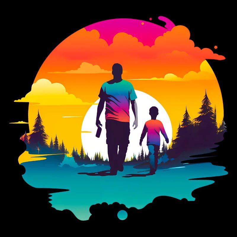 Père et fils devant le coucher du soleil