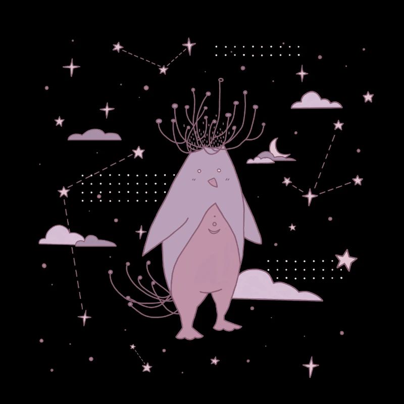 Lila Pinguin zwischen Sternen