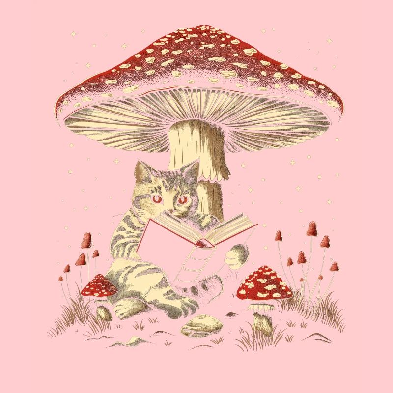 Cottagecore esthétique chat lecture livre champignon sorcière