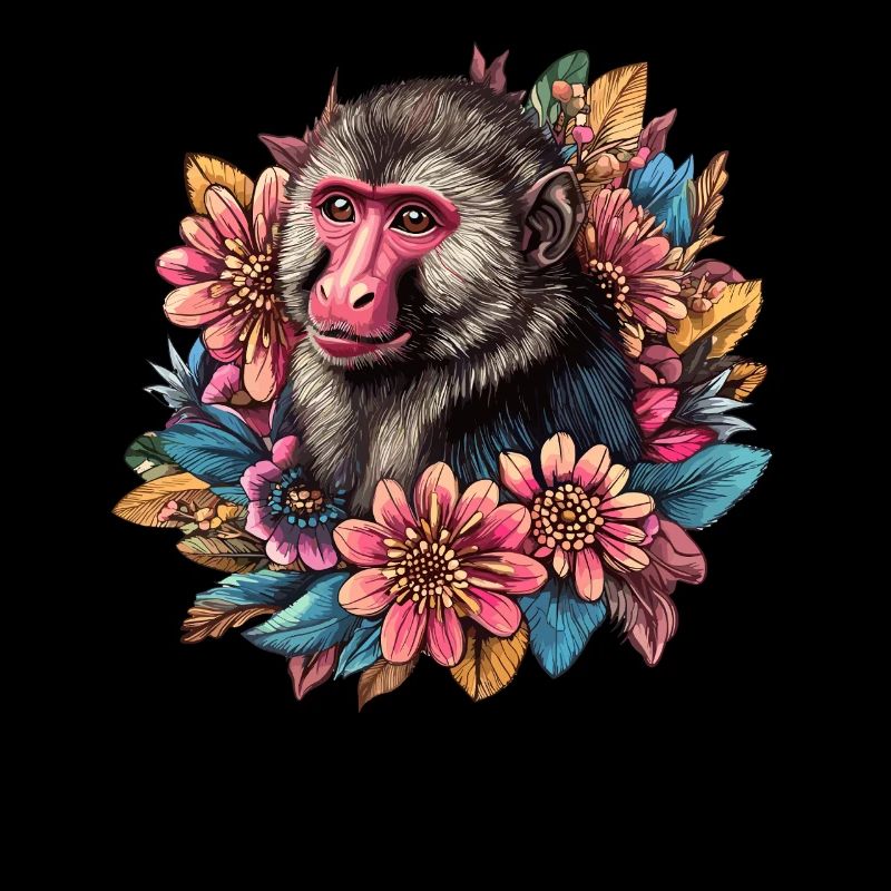 Mandrill Affe mit Blumenrahmen