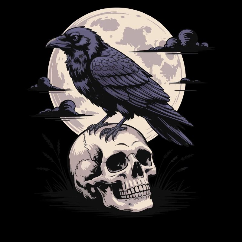 Schwarzer Rabe Totenschädel Vollmond Dunkel Gothic Emo Dunkel
