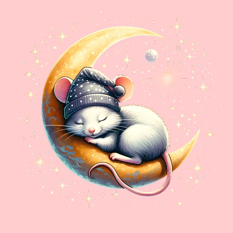 peacefully sleeping mouse, on a crescent moon