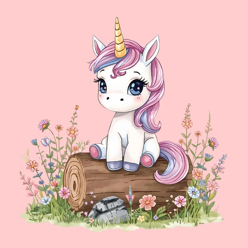Licorne aquarelle sur tronc d’arbre avec des fleurs