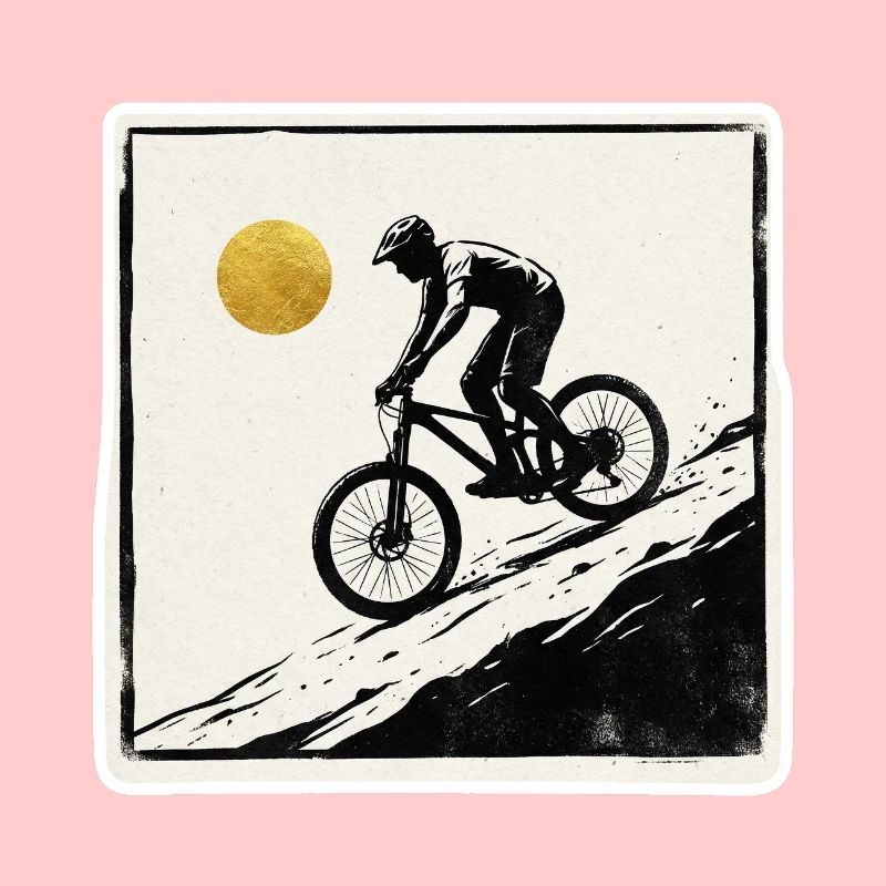 Mountainbiker Holzschnitt Goldene Sonne