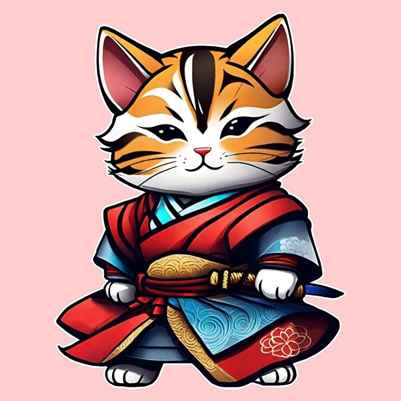 Niedliche getigerte Samurai Katze mit Dolch