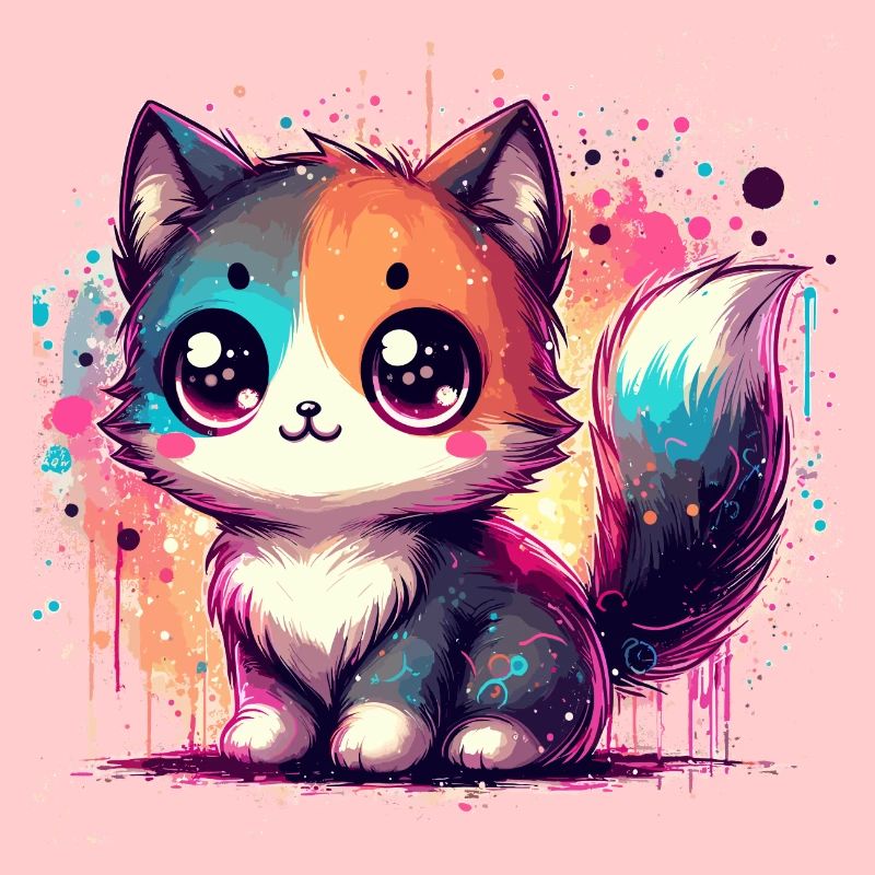 Chibi chat bicolore aquarelle éclaboussure