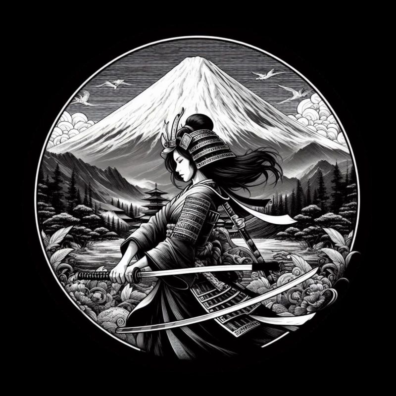 Femme Samouraï avec katana devant Fuji