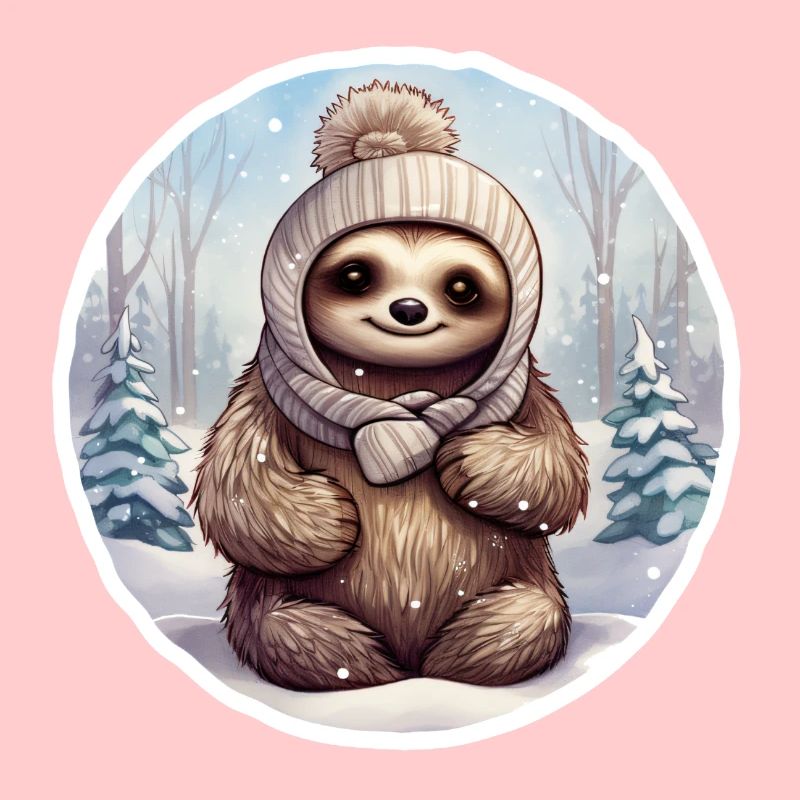 Faultier im Schnee mit Mütze