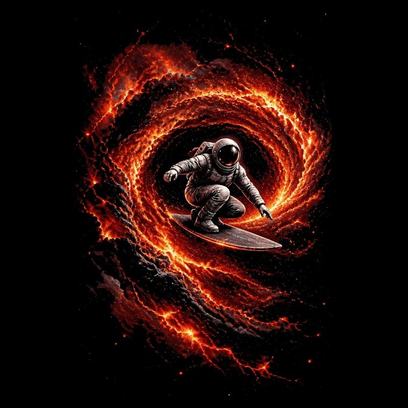 Astronaute surfeur dans vortex braise volcan