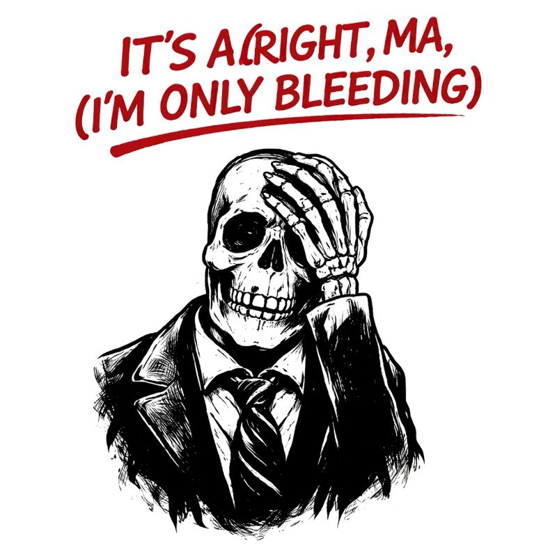 Skeleton in suit with red text