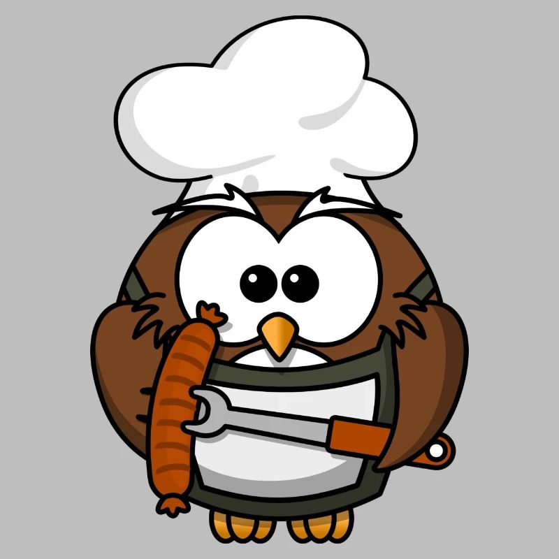 Eule am Grill mit Essen Comic Stil
