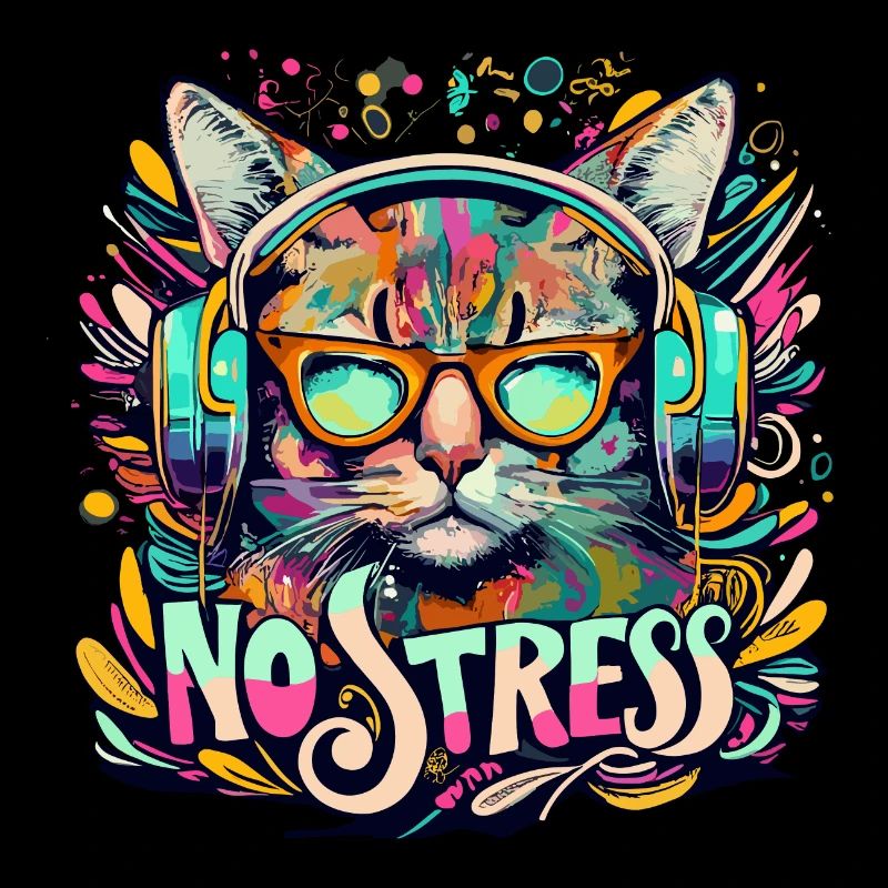 Katze mit Kopfhörer Lustiger Spruch NO STRESS