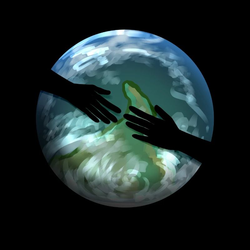 Deux mains tendues devant Earth Globe pour