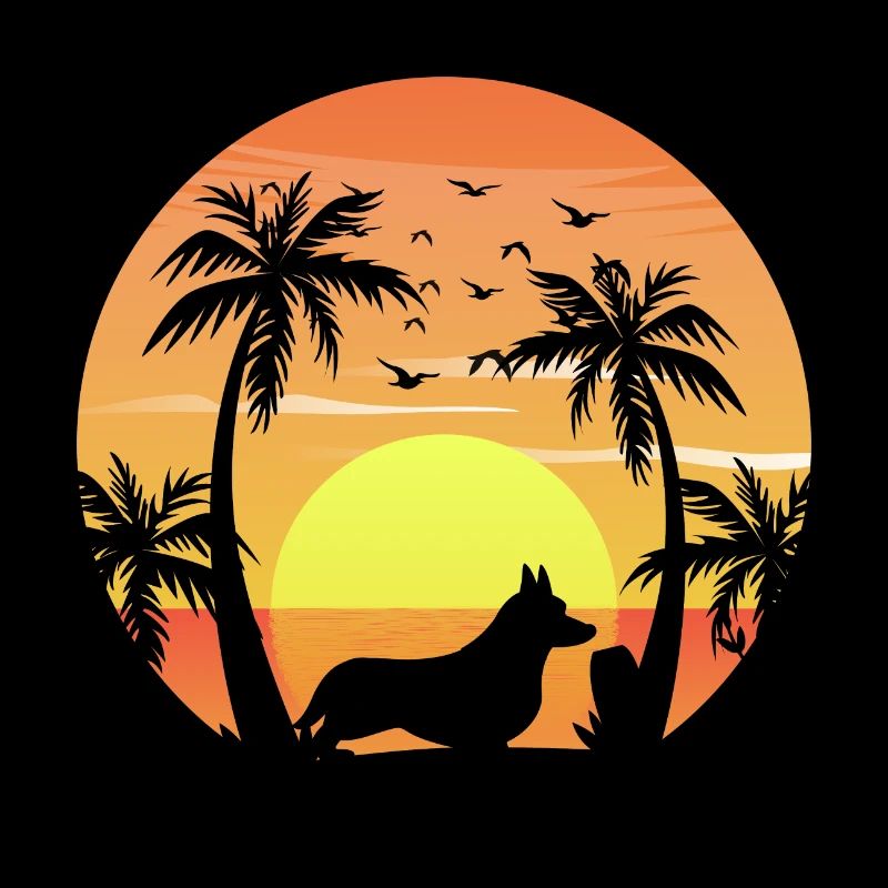 Cardigan Welsh Corgi Dog Surfing Beach Palm Trees