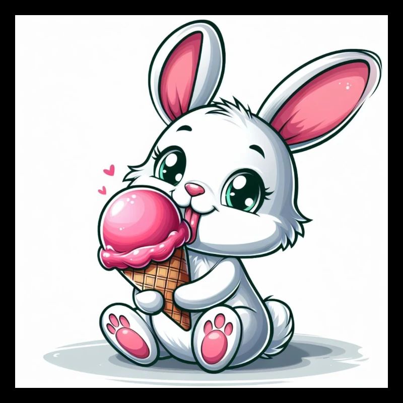 Lapin mignon assis sur de la crème glacée molle en train de manger. Été 2024