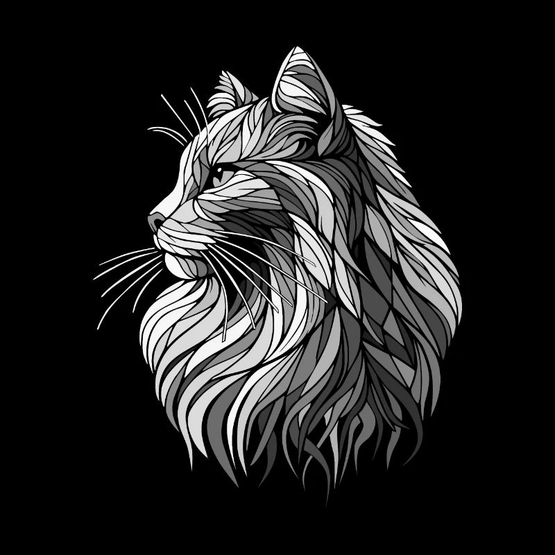 Black and White Polygons Cat Head Drawing