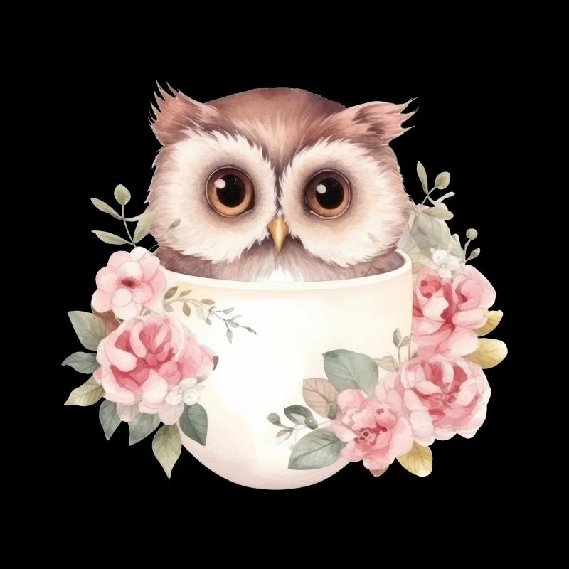 Niedliche Eule mit Rosen in einer Tasse