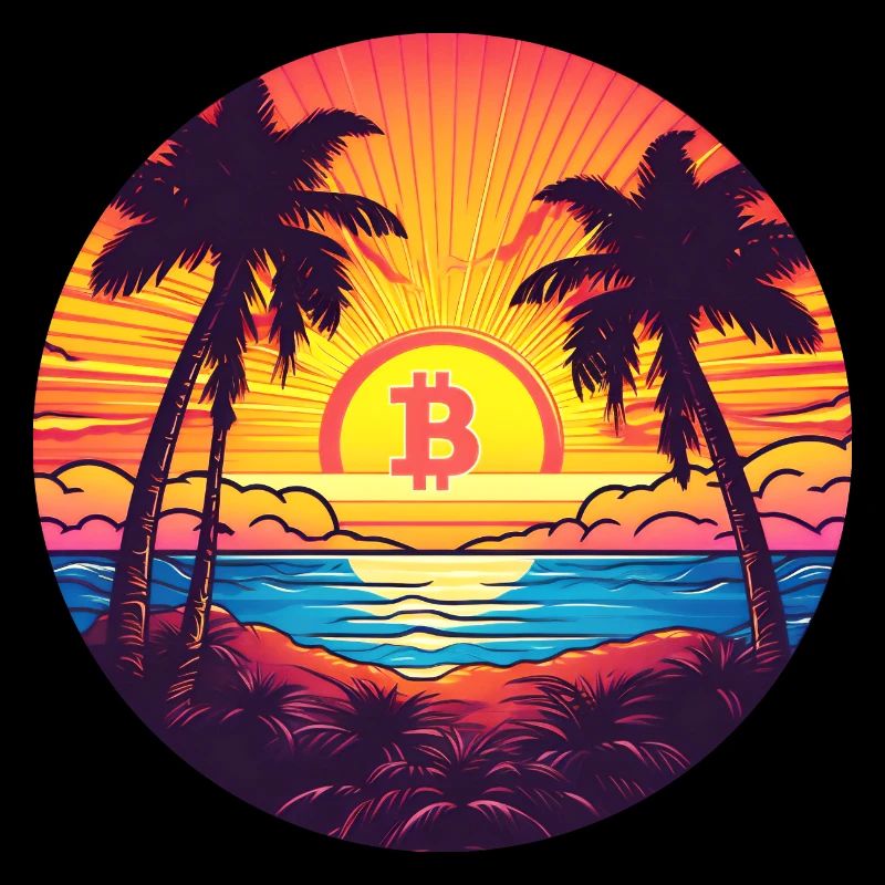 Logo Bitcoin, symbole, lever du soleil, soleil, mer