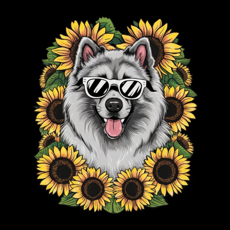 Cute Wolfspitz with sunflowers.