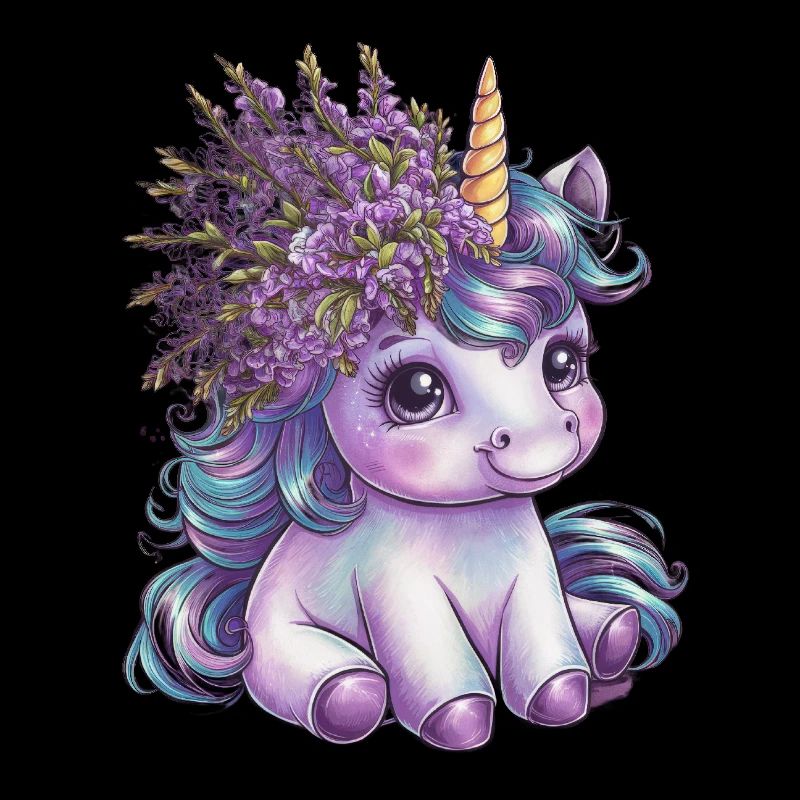 La licorne avec du lilas dans les cheveux aime les fleurs