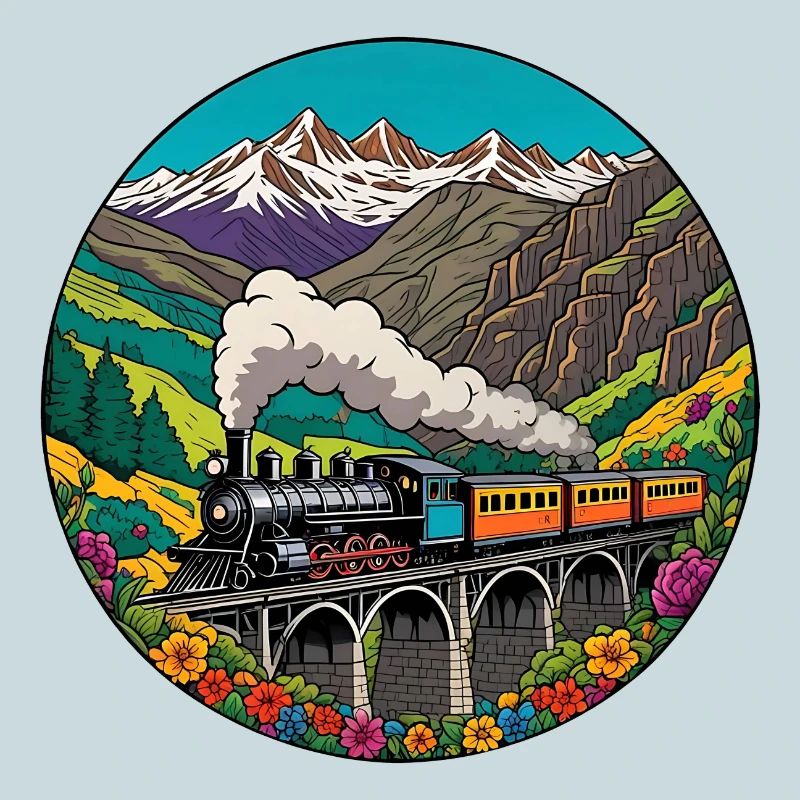 Bunter nostalgischer Eisenbahnzug mit Dampflok