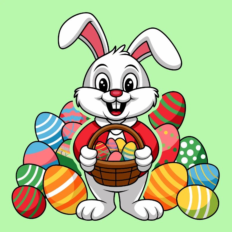 Funny Easter bunny with lots of colorful Easter eggs