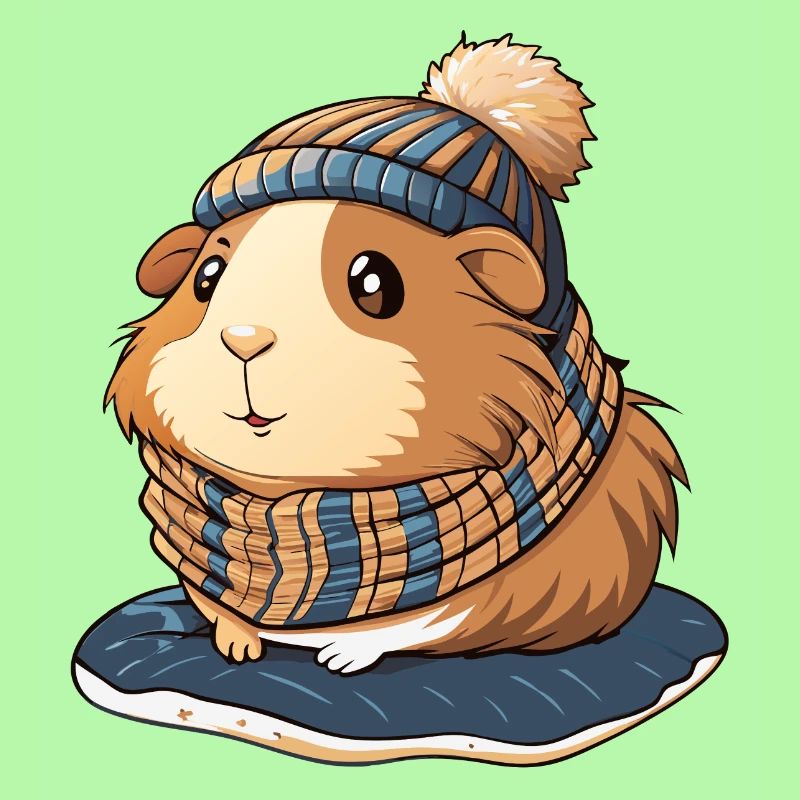 Mignon cochon d’Inde avec écharpe et chapeau à pompon.