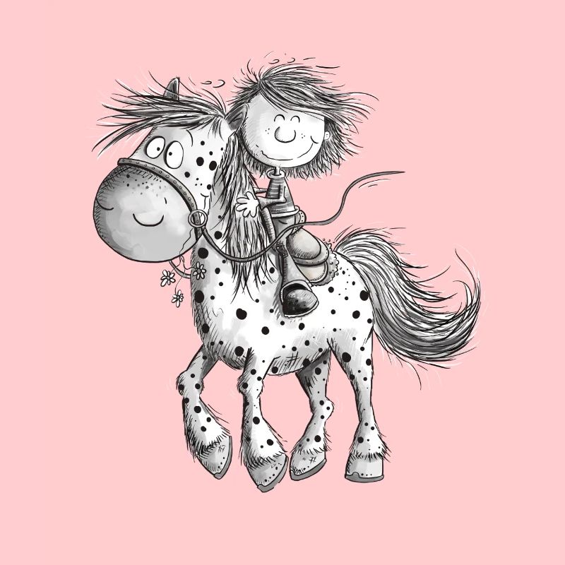 Drolliges Pferd mit Reiter Cartoon Pferdchen