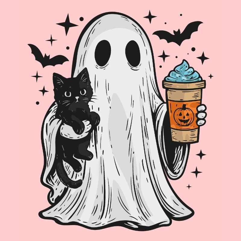 Halloween-Geist mit Katze und Kaffee