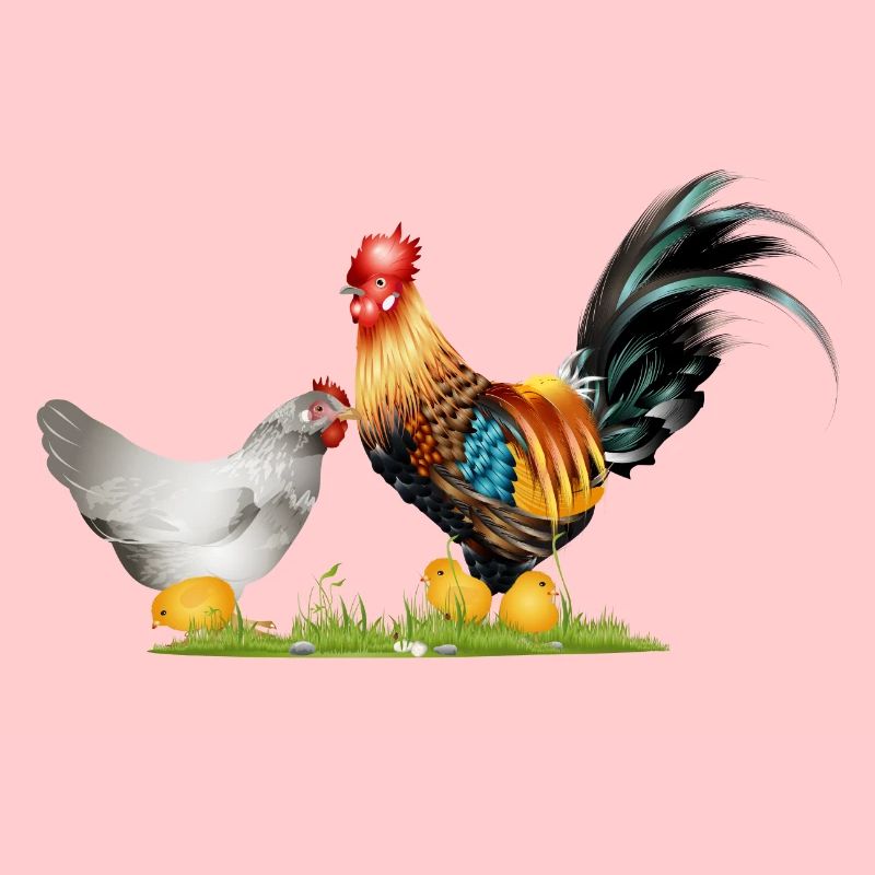 stately rooster with hen and chick offspring